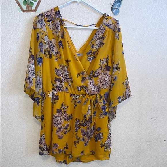 Bailey Blue Yellow Bell Sleeve Blouse with Tie Front - Picture 1 of 8